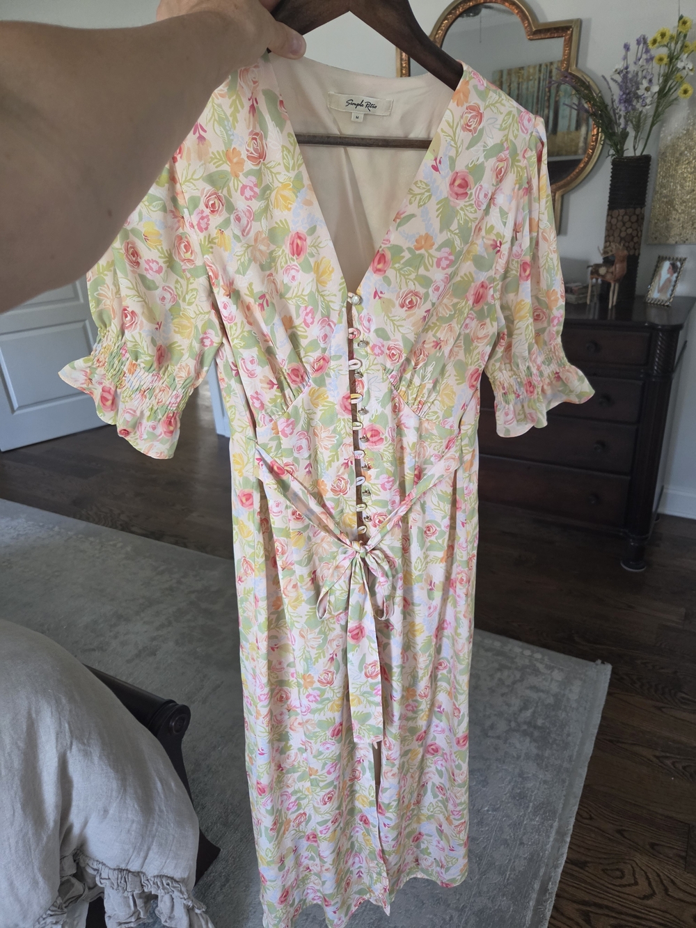Floral Button-Front Tie-Waist Midi Dress in Pink and Cream